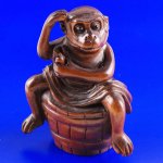 Hand Carved Boxwood Wood Netsuke Carving Monkey On Cask