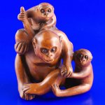 Hand Carved Boxwood Wood Netsuke Carving 3 Moneky Play