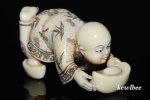 adb0854 GENUINE MAMMOTH TUSK NETSUKE BOY HOLD SILVER