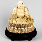 afc0147 Large Carved Ox Bone Laugh Buddha Carving Stand Display