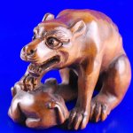 Carved Boxwood Wood Netsuke Carving Wolf Catch Rabbit