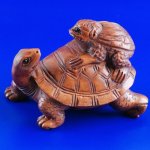 Japanese Hand Carved Boxwood Wood Netsuke Carving KAPA On Turtle #726