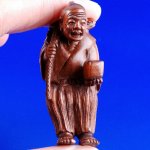 Japanese Carved Boxwood Wood Netsuke Carving Man Carry Turtle #511