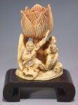 adb0789 Fine Genuine Mammoth Ivory Netsuke 3 Boy Fish Lotus Flower
