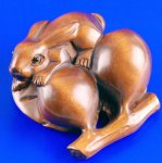 Hand Carved Boxwood Wood Netsuke Carving Rabbit & Peach