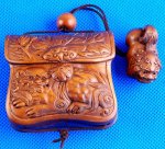 Japanese Carved Wood Boxwood Inro Lion Netsuke Carving