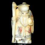 Handcraft Carved OX Bone Netsuke Carving Man Hold Peach