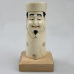 Wood Base OX Bone Carving Mask Figure Pencil Pen Holder