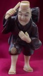 win4078 Ebony Wood Mammoth Ivory Netsuke Man Carry Drum