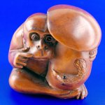 Carved Boxwood Wood Netsuke Carving Monkey and Mushroom