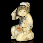 Hand Craft Carved OX Bone Netsuke Carving Lady Fruit