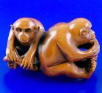 Hand Carved Boxwood Wood Netsuke Carving 2 Monkey Play