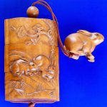 Hand Carved Japanese Boxwood Inro Netsuke Rabbit 3.5"