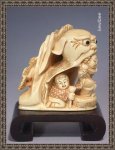 adb0769 Genuine Mammoth Ivory Netsuke 2 Boy Lion Dance