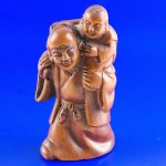 Hand Carved Boxwood Wood Netsuke Carving Man Carry Baby