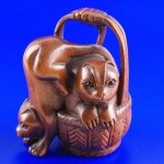 Hand Carved Boxwood Wood Netsuke Carving Cat In Basket