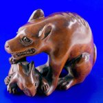 Carved Boxwood Wood Netsuke Carving Wolf Catch Rabbit