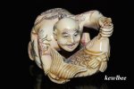 adb0862 JAPANESE MAMMOTH TUSK NETSUKE MAN CATCH FISH