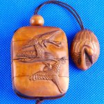 Japanese Carved Wood Boxwood Inro Swan Netsuke Carving