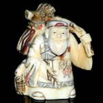 Hand Craft Carved OX Bone Netsuke Carving Old Man Stick