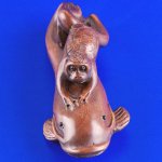 Japanese Carved Boxwood Wood Netsuke Carving KAPA Ride On Fish #604