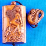 Carved Japan Wood Boxwood Inro Mermaid Netsuke Carving