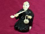 win4099 Ebony Wood Mammoth Ivory Netsuke Man Smoke Bag