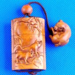 Japanese Carved Wood Boxwood Inro Pig Netsuke Carving