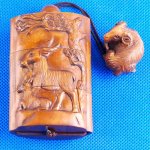 Japanese Carved Wood Boxwood Inro Sheep Netsuke Carving
