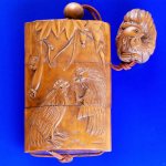 Carved Japanese Boxwood Inro Netsuke Lucky Cock 3.5"