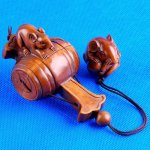 Carved Japanese Wood Boxwood Inro Netsuke Mouse On Drum