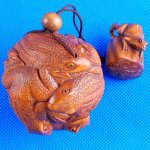 Hand Carved Wood Boxwood Inro Toad Ball Netsuke Carving