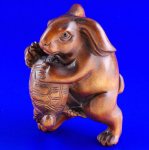Carved Boxwood Wood Netsuke Carving Rabbit Take Turtle