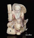 adb0831 GENUINE MAMMOTH TUSK NETSUKE GOD RIDE FISH
