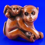 Hand Carved Boxwood Wood Netsuke Carving 2 Monkey Play