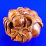 Carved Boxwood Wood Netsuke Carving Spider On Pumpkin