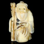 Japan Carved Craft OX Bone Netsuke Carving Man Take Bag