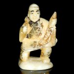 Hand Craft Carved OX Bone Netsuke Carving Man Take Fish