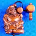 Hand Carved Wood Boxwood Inro Man Drum Netsuke Carving