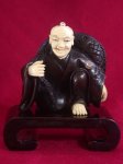 win4086 Ebony Wood Mammoth Ivory Netsuke Man Carry Fish