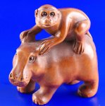 Carved Boxwood Wood Netsuke Carving Monkey Ride Hippo
