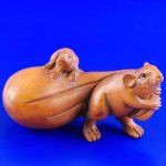 Hand Carved Boxwood Wood Netsuke Carving Mice Carry Bag