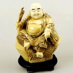 Carved OX Bone Carving Statue Sculpture Buddha Hold Fan