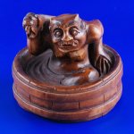 Japanese Hand Carved Boxwood Wood Netsuke Carving Devil Bathe #769