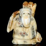 Hand Craft Carved OX Bone Netsuke Carving Old Man Stick