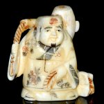 Hand Craft Carved OX Bone Netsuke Carving Man Hold Drum