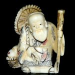 Hand Craft Carved OX Bone Netsuke Carving Old Man Stick