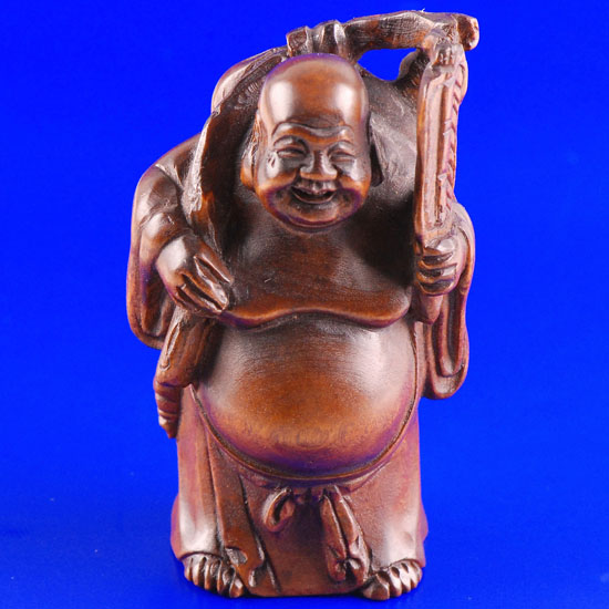 Carved Boxwood Wood Netsuke Carving Buddha Hold Fan - Click Image to Close