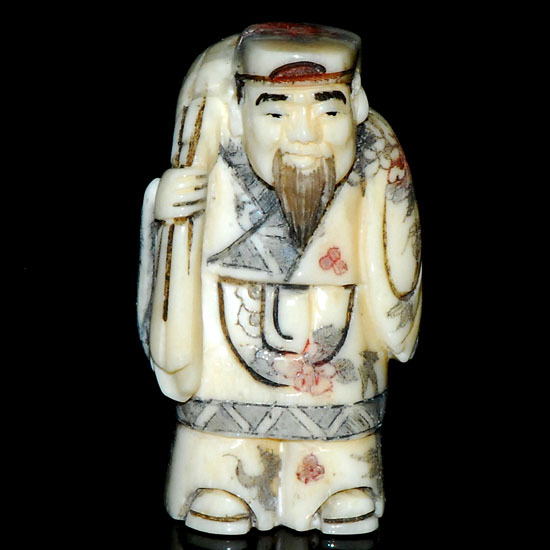 Hand Craft Carved OX Bone Netsuke Carving Man Hold Bag - Click Image to Close