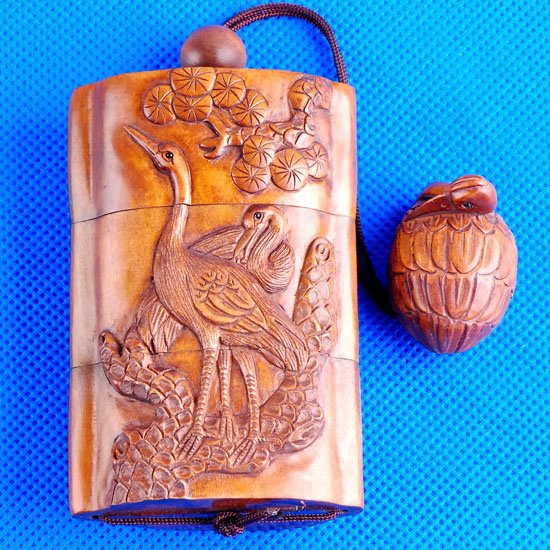 Carved Japanese Wood Boxwood Inro Netsuke Swan Carving - Click Image to Close